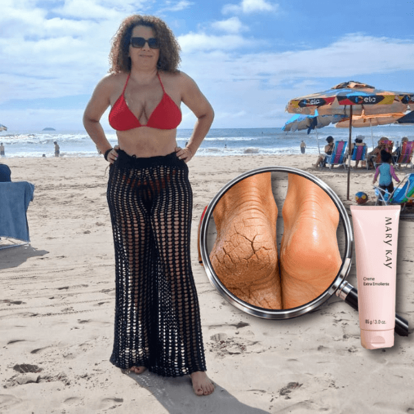 "mulher na praia com pé na areia, promovendo o Creme Extra Emoliente da Mary Kay"